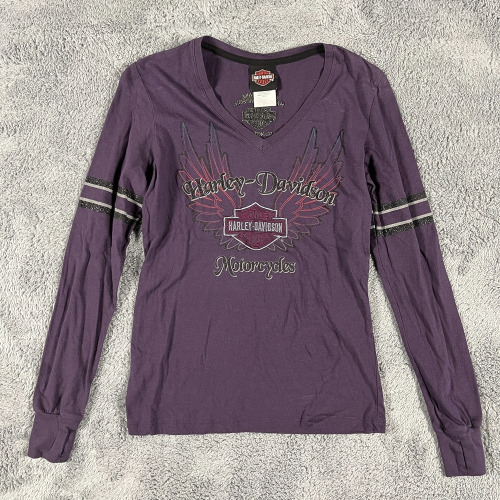 Harley-Davidson Shirt Womens S Purple Sparkle Wings Long Sleeve V-Neck Pullover